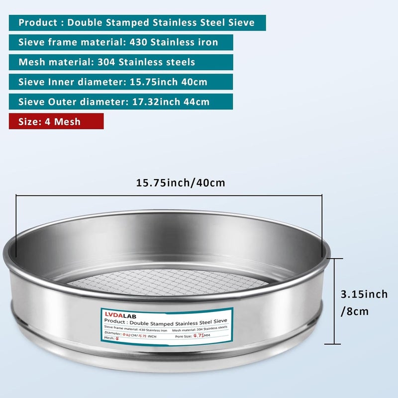 LVDALAB 304 Stainless Steel Lab Sieve Screen Mesh, 4 Mesh(4.75mm) Aperture Test Sieve, 15.75''(40cm) Diameter Economy Standard Analysis Sample Test Sieves for Industrial Laboratory Homes - Image 2